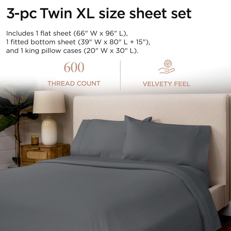 Threadmill 100% Cotton Sheets for Twin XL Size Bed - 600 Thread Count Twin XL Bed Sheets Set with 15â€ Deep Pocket - Sateen Weave 3-Piece Bedding Set with Cooling Effect, Dark Grey - Image 2